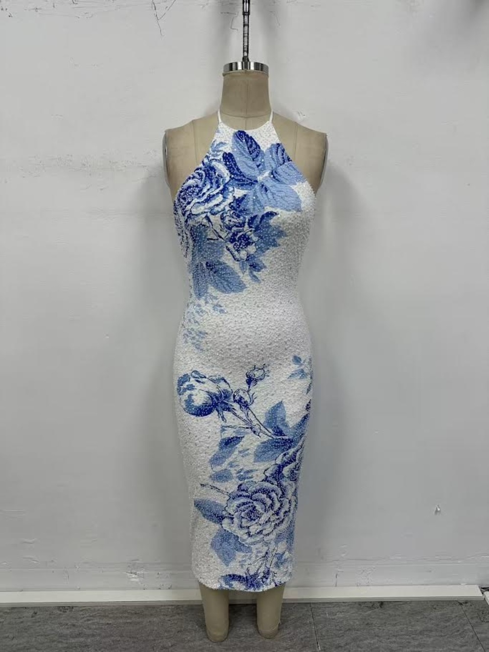 White & Blue Floral Halter Midi Dress